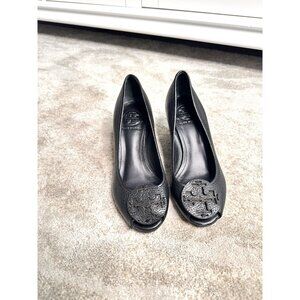 Tory Burch Shoes Wedge Heels Women's Size 5M Blue Leather Logo Open Toe EUC